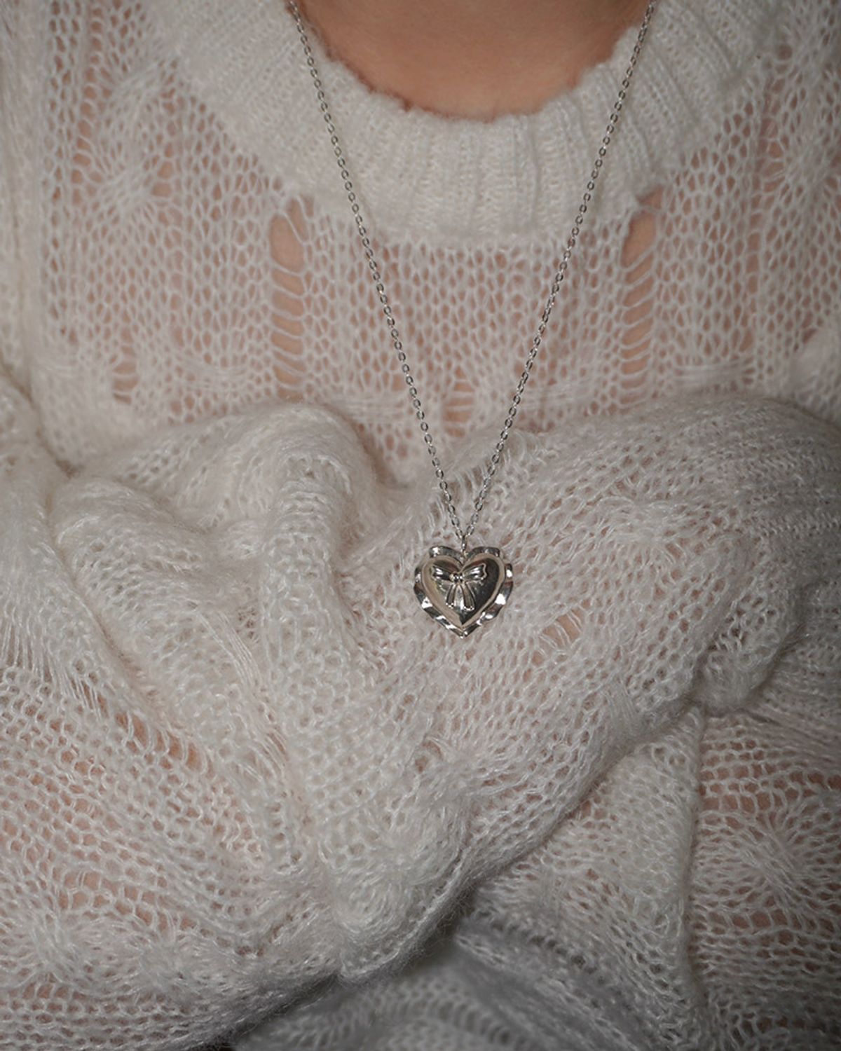 페어오브러브(PAIR OF LOVE) [925SILVER]CUSHION HEART RIBBOON NECKLACE