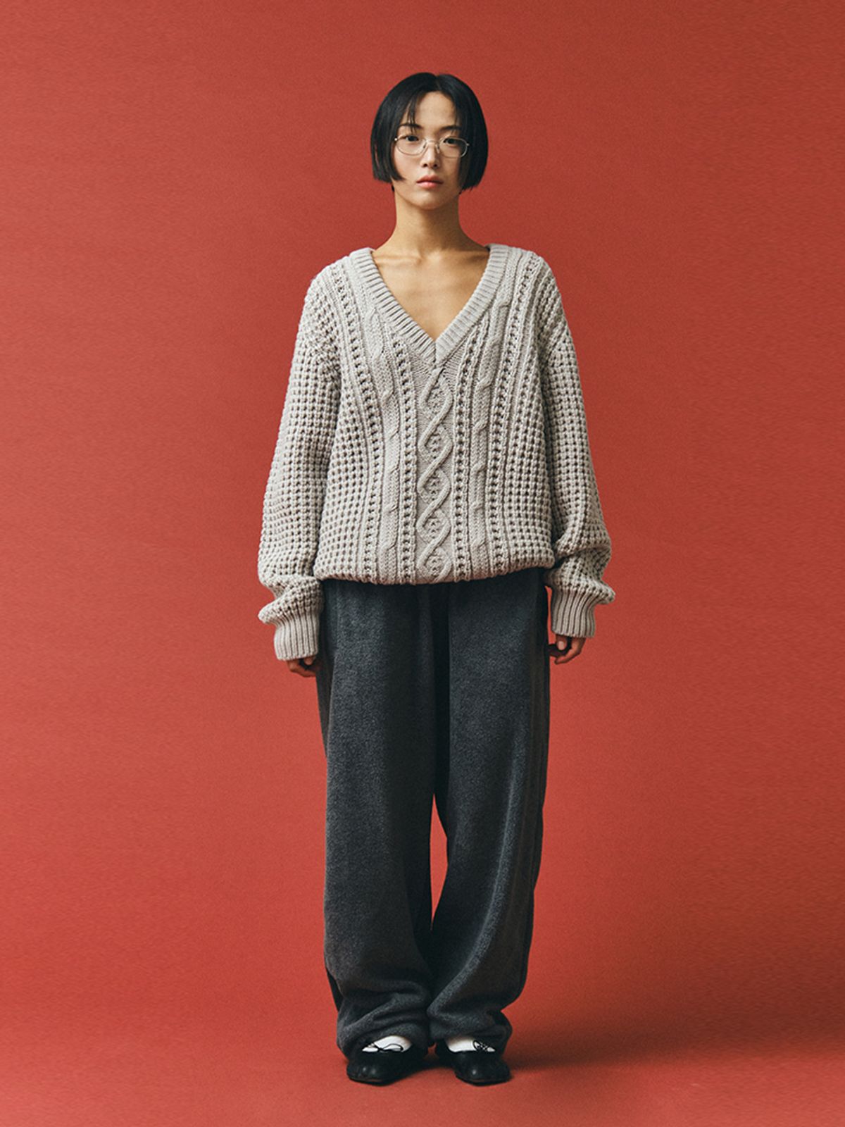 플리즈프로젝트(PLZPROJECT) CABLE FISHERMAN V-NECK KNIT, LIGHT GRAY