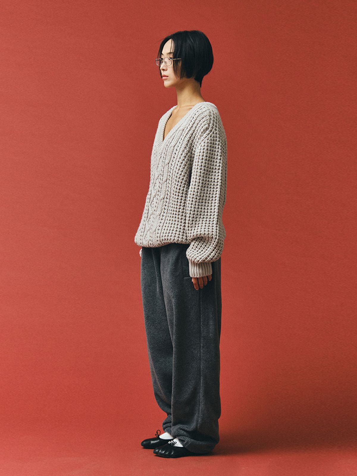 플리즈프로젝트(PLZPROJECT) CABLE FISHERMAN V-NECK KNIT, LIGHT GRAY