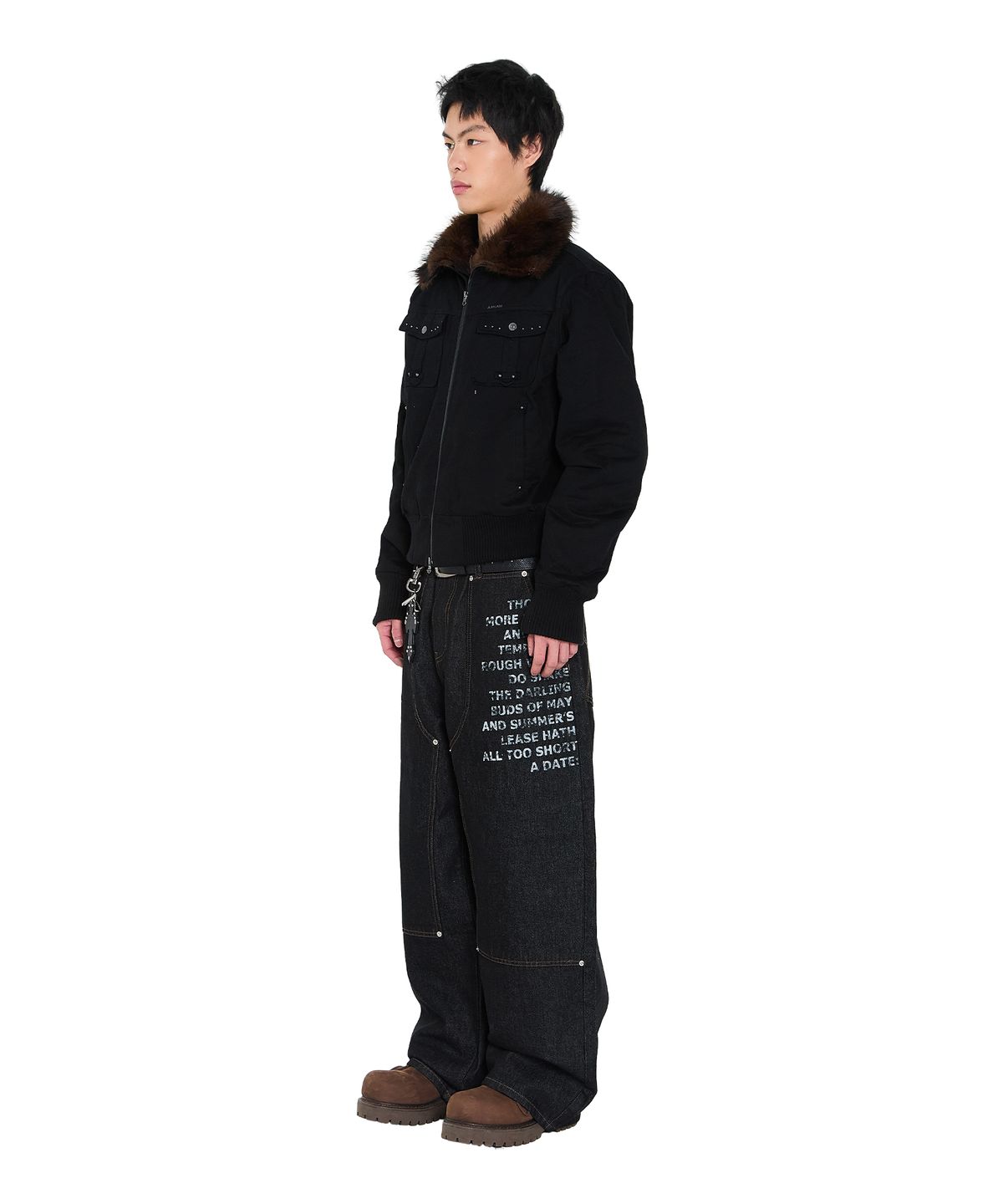 아캄(AAKAM) Double Knee Lettering Denim Pants (Black)