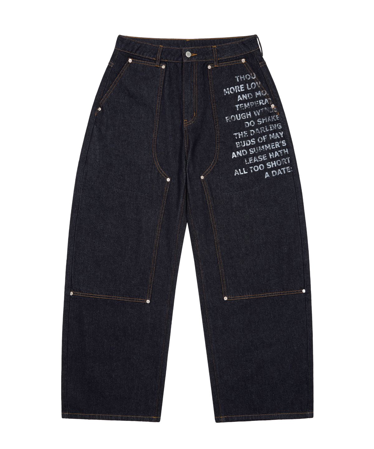 아캄(AAKAM) Double Knee Lettering Denim Pants (Blue)