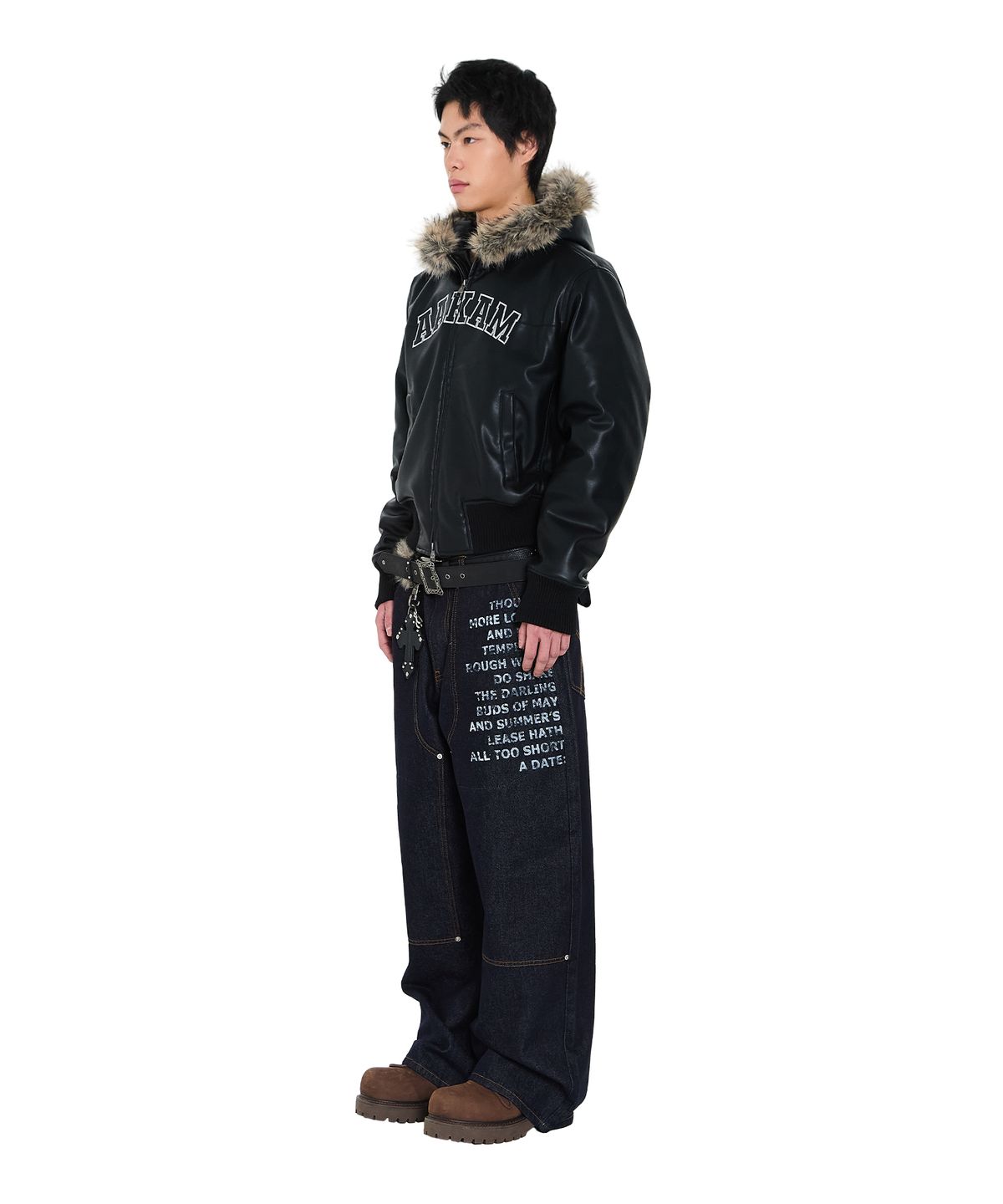 아캄(AAKAM) Double Knee Lettering Denim Pants (Blue)
