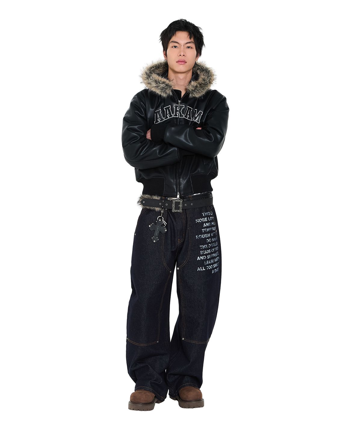 아캄(AAKAM) Double Knee Lettering Denim Pants (Blue)