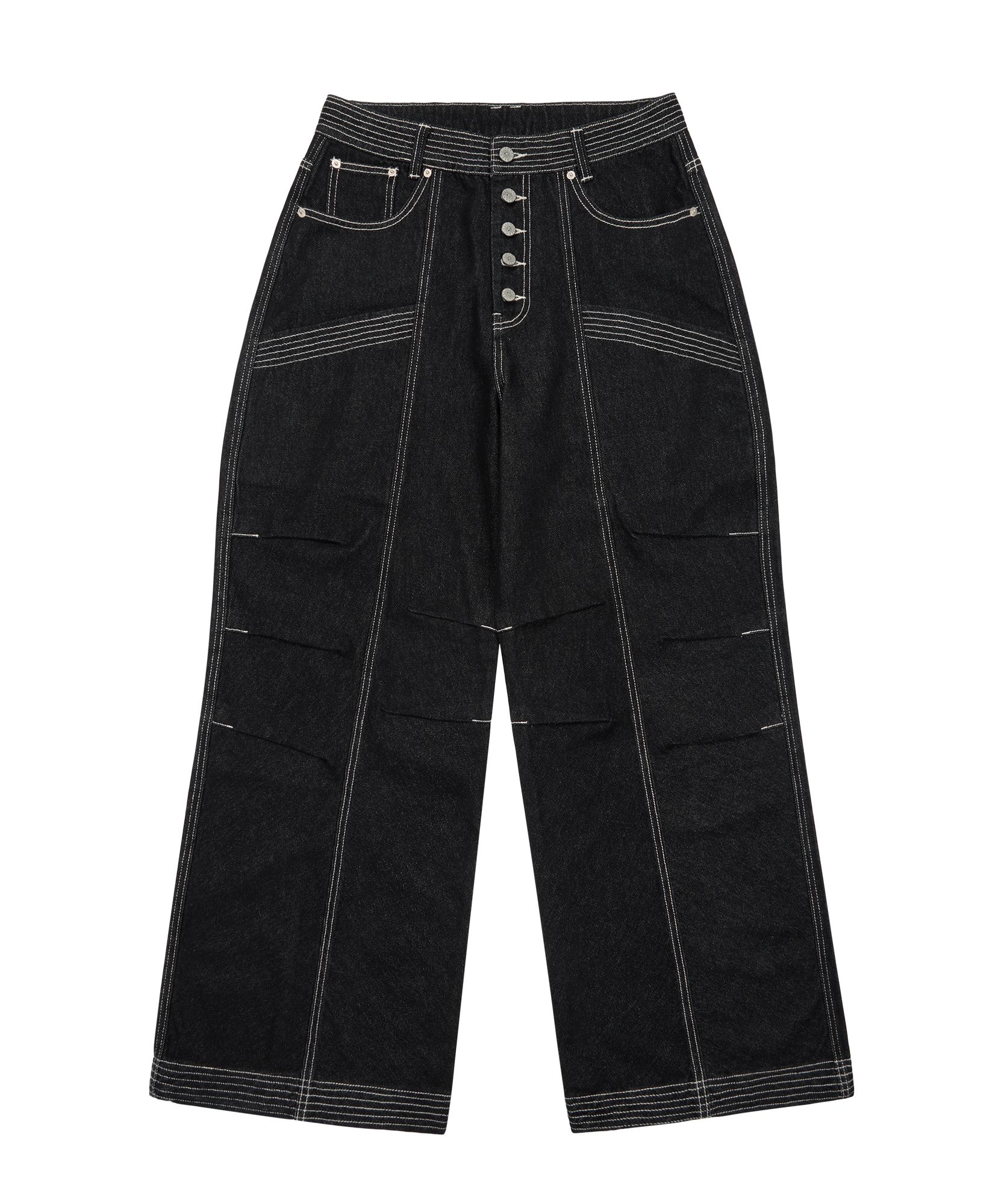 MUSINSA | AAKAM Knee Pin-Tuck Stitched Denim Pants (Black)