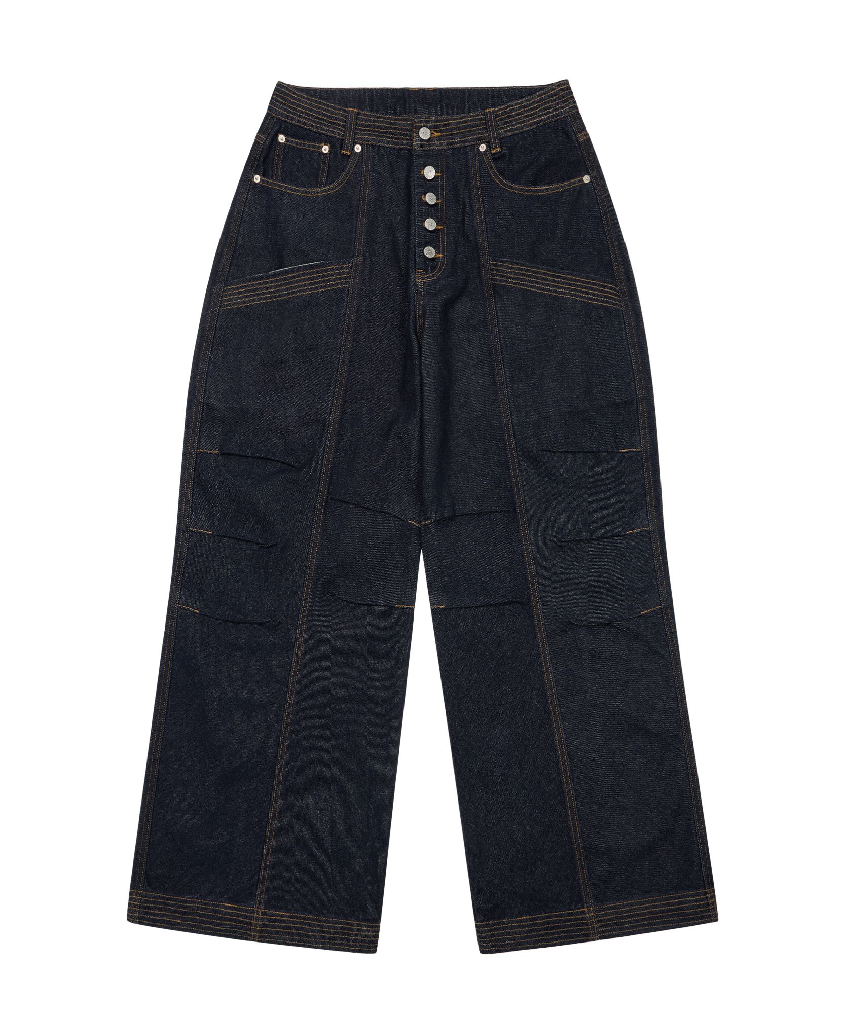MUSINSA | AAKAM Knee Pin-Tuck Stitched Denim Pants (Blue)