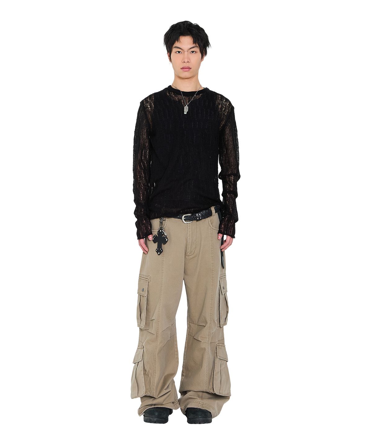 아캄(AAKAM) Knee Pin-Tuck Double Pocket Cargo Pants (Beige)