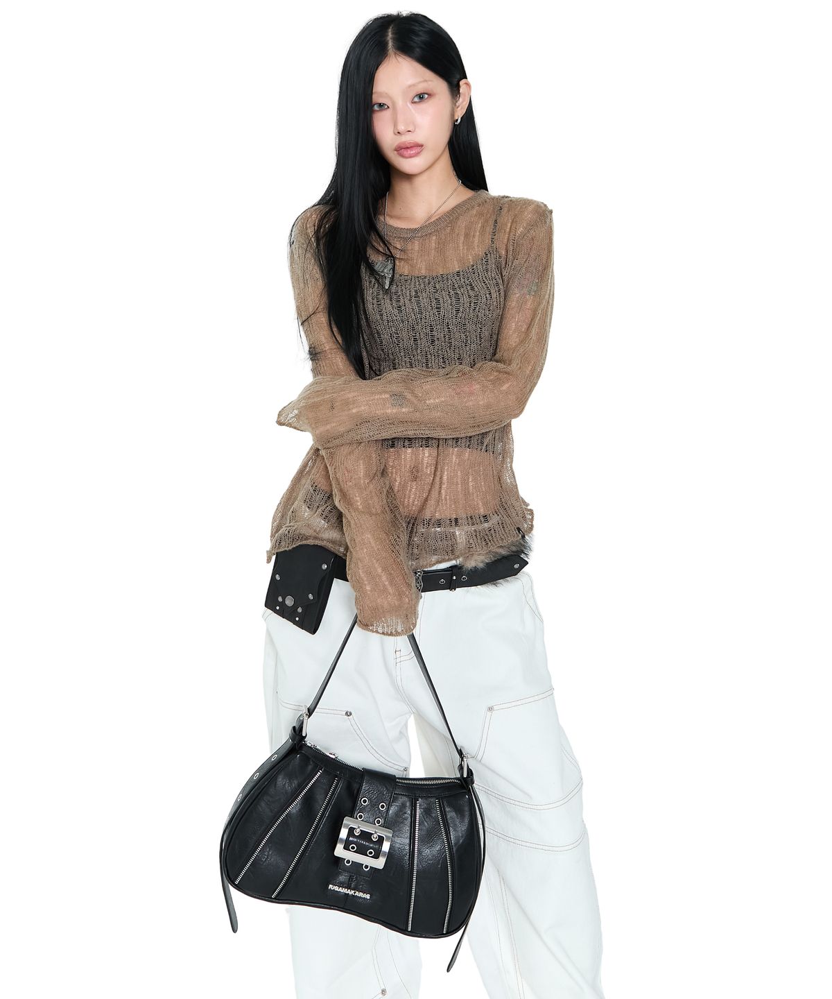 이우가마카라스(IUGAMAKARAS) Zippered Buckle Hobo Bag (Black)