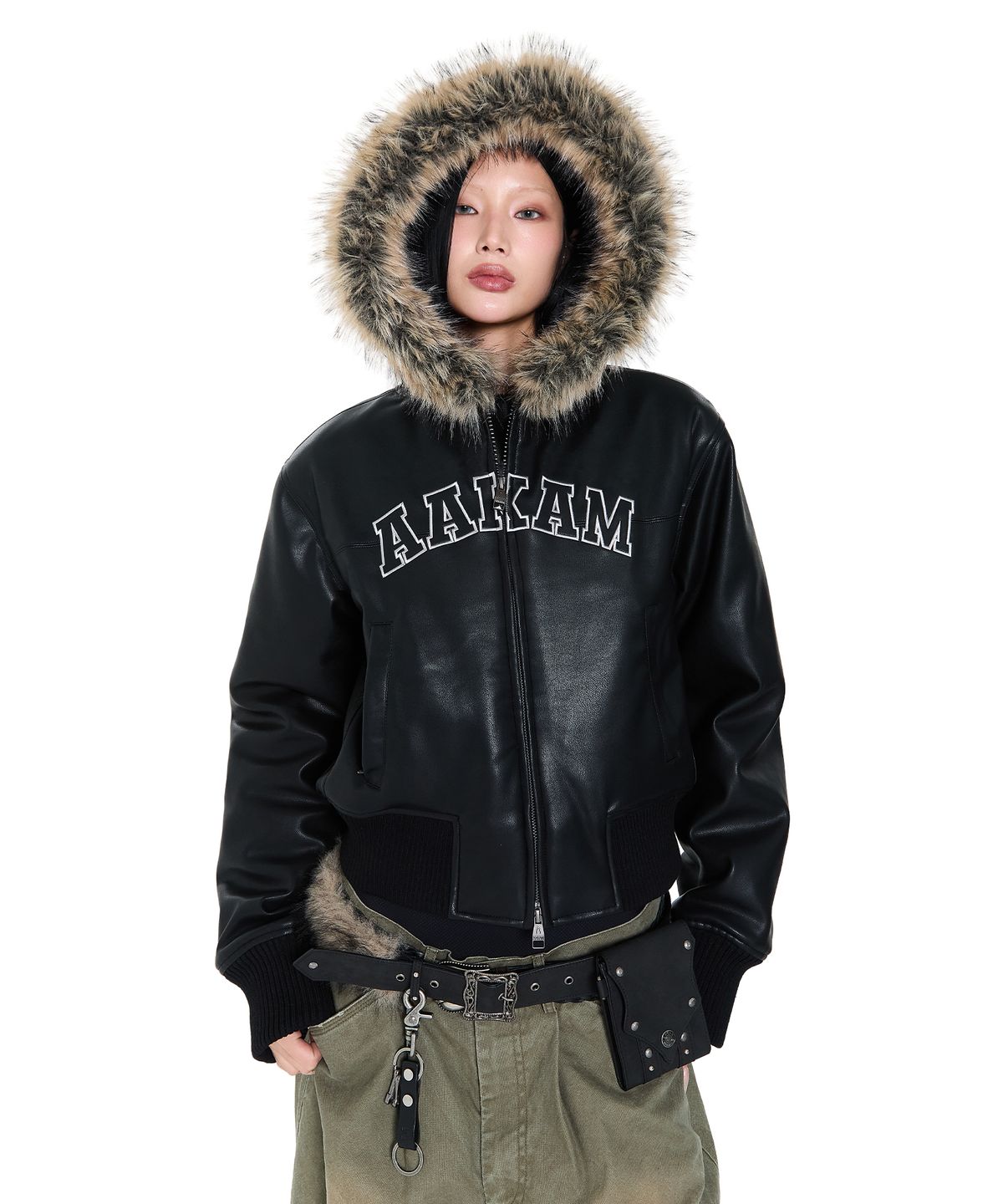 아캄(AAKAM) Hooded Fur Leather Jacket (Black)