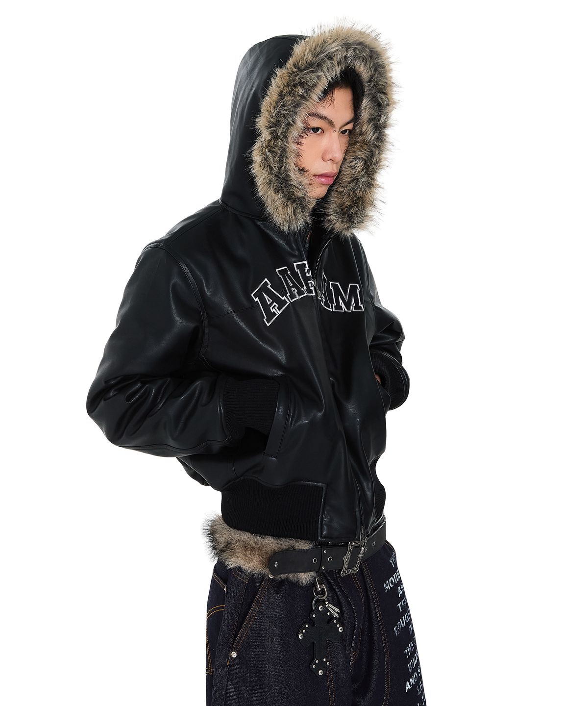 아캄(AAKAM) Hooded Fur Leather Jacket (Black)