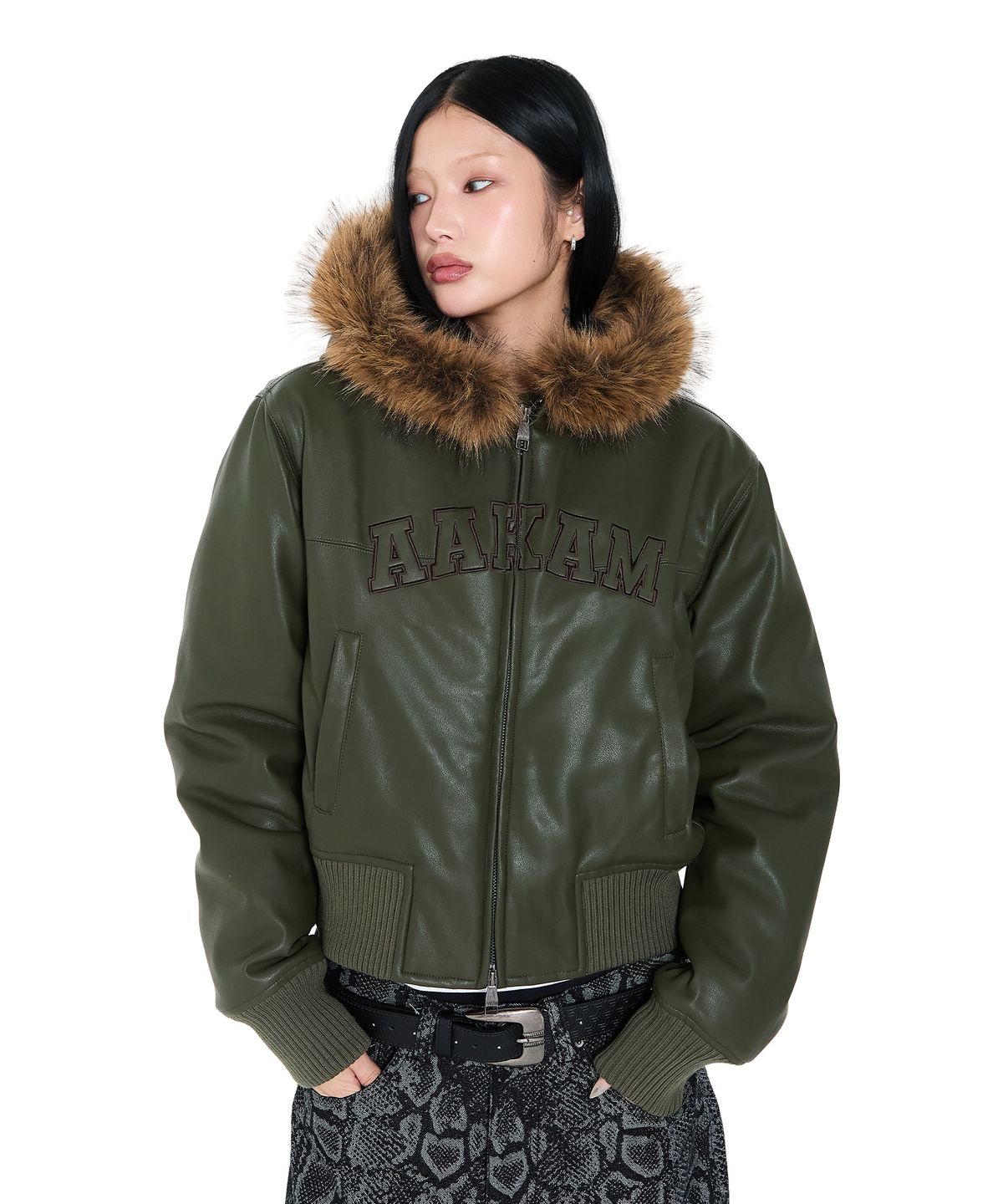 아캄(AAKAM) Hooded Fur Leather Jacket (Khaki)