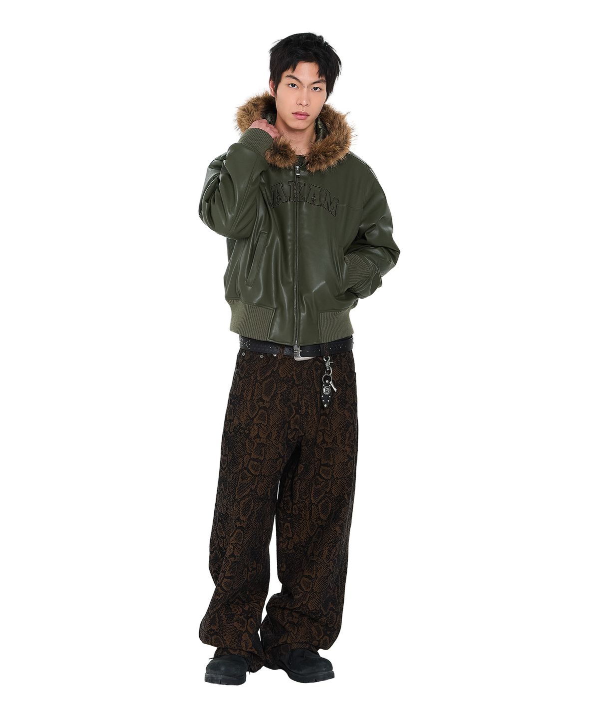 아캄(AAKAM) Hooded Fur Leather Jacket (Khaki)