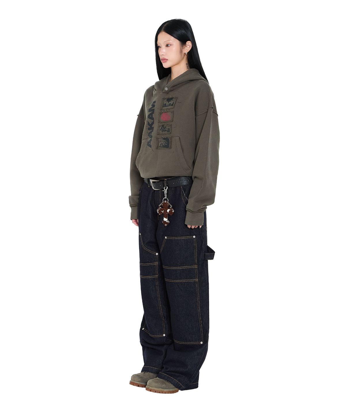 아캄(AAKAM) Buttoned Patch Hoodie (Khaki)