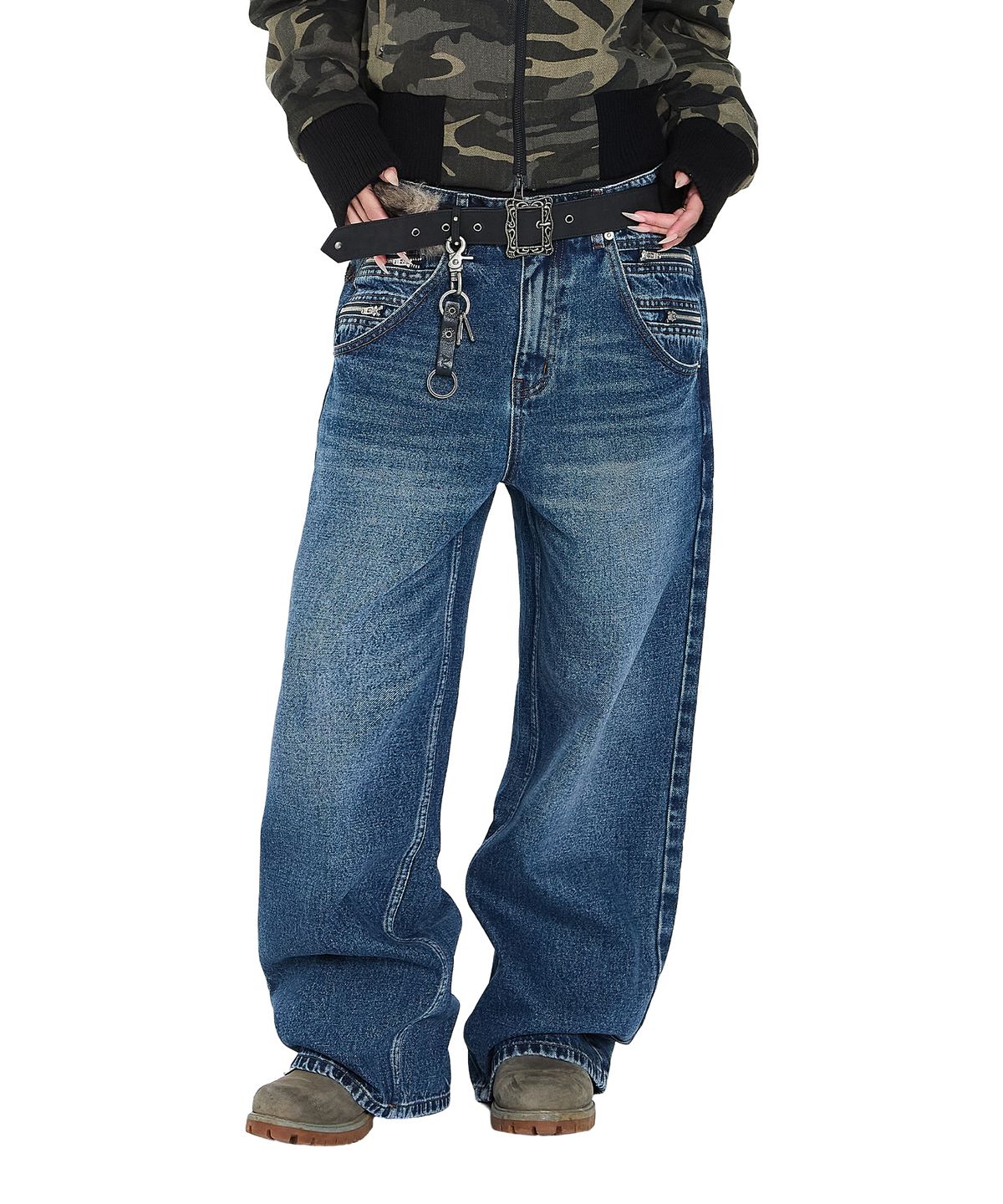 아캄(AAKAM) Double Zippered Denim Pants (Blue)