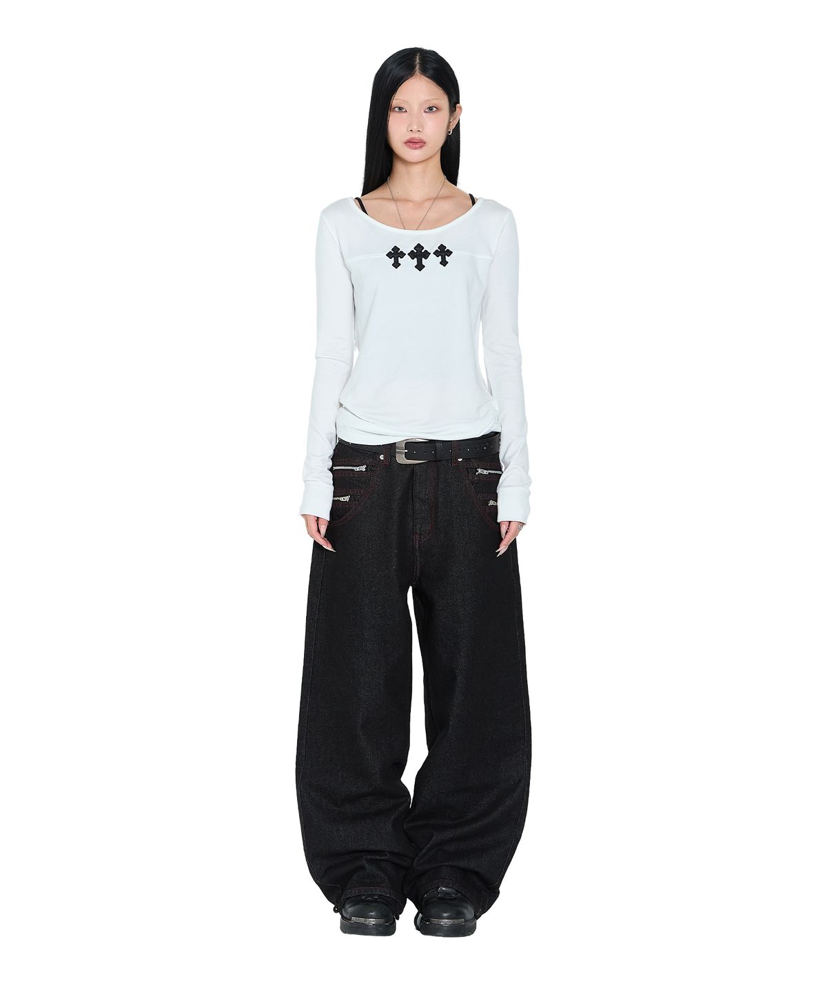 아캄(AAKAM) Double Zippered Denim Pants (Black)