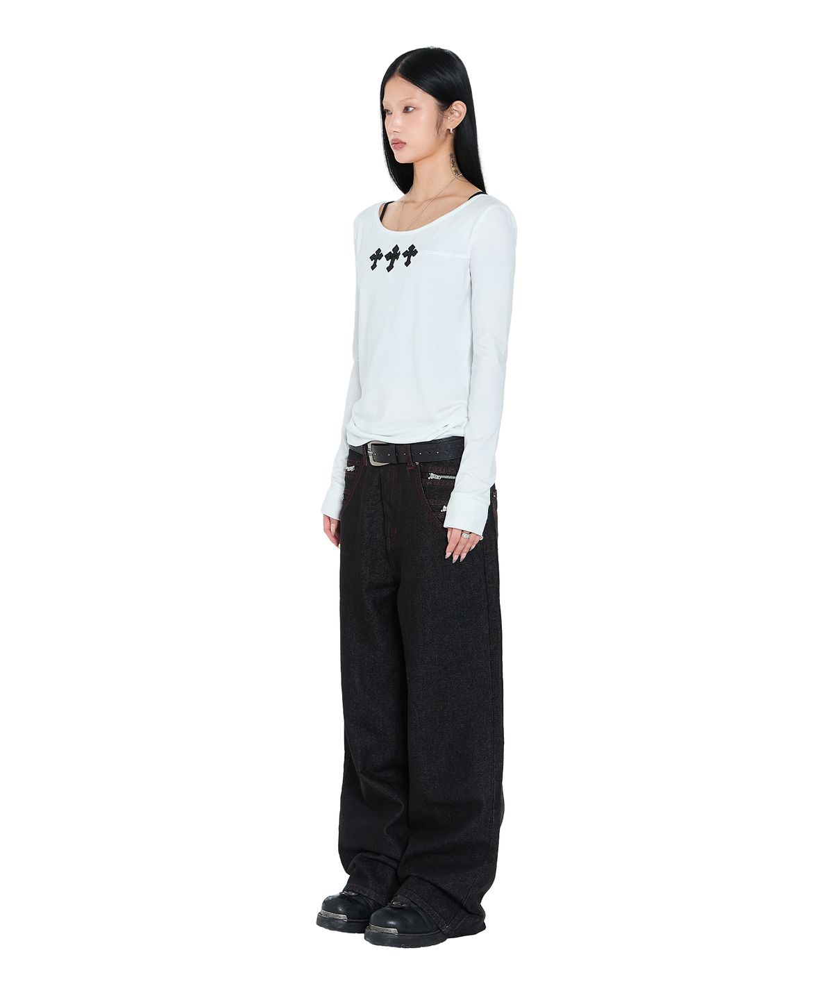 아캄(AAKAM) Double Zippered Denim Pants (Black)