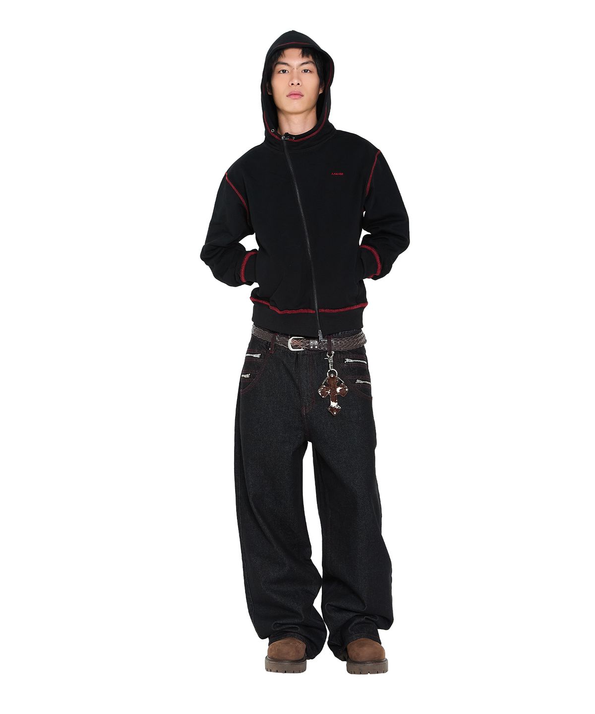 아캄(AAKAM) Double Zippered Denim Pants (Black)
