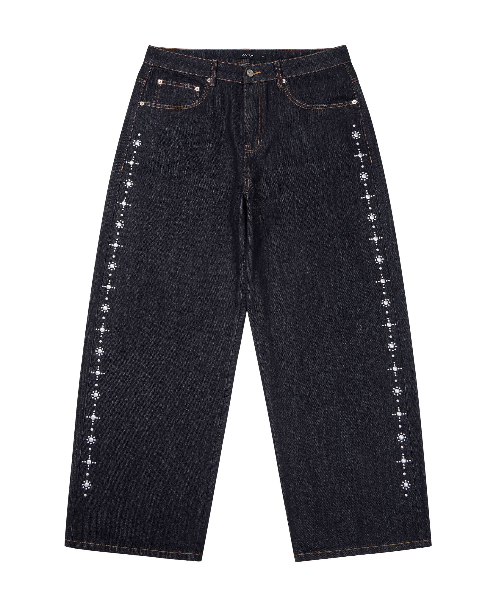 MUSINSA公式 | AAKAM Side Rhinestone Denim Pants (Dark Blue)