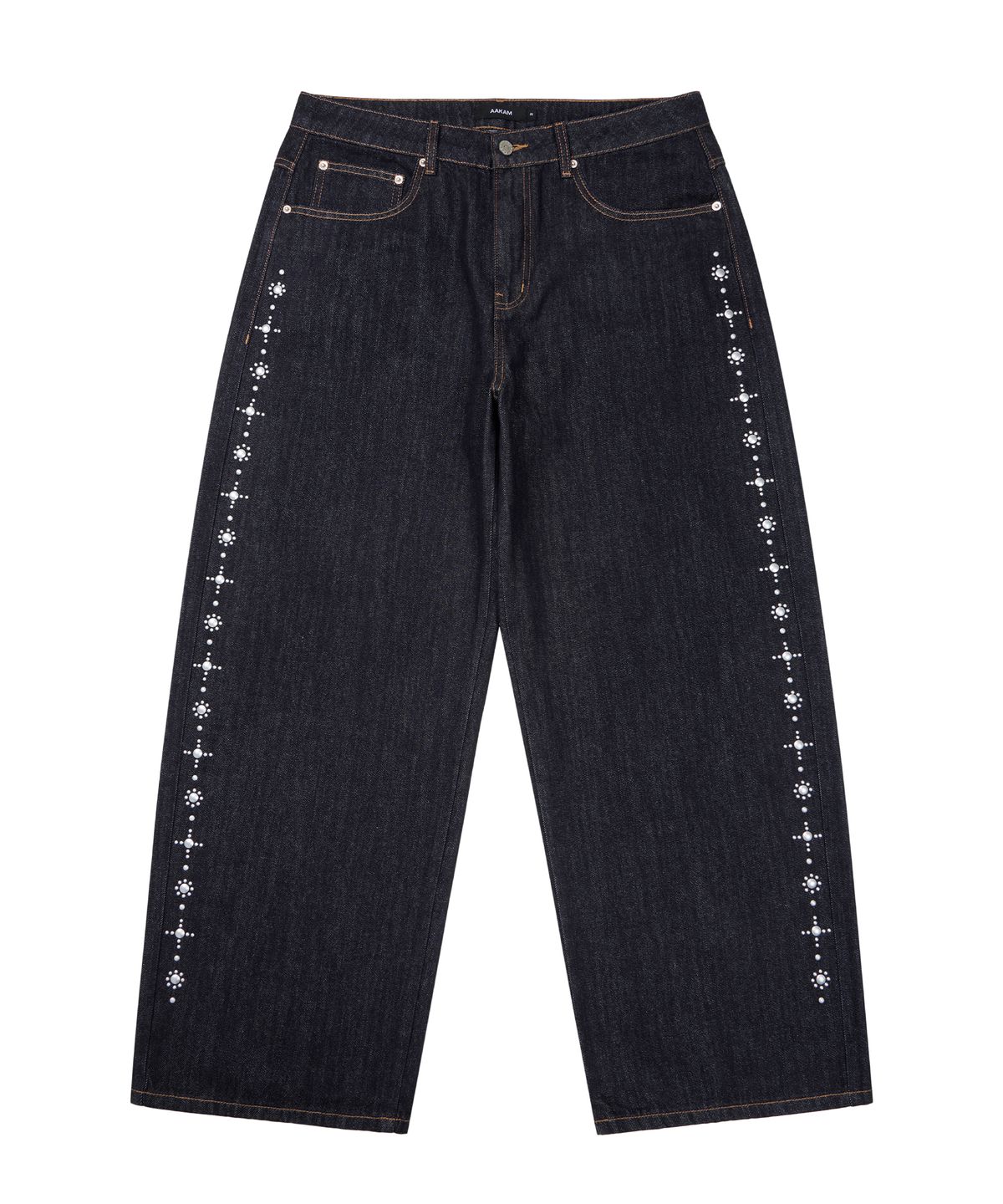 아캄(AAKAM) Side Rhinestone Denim Pants (Dark Blue)