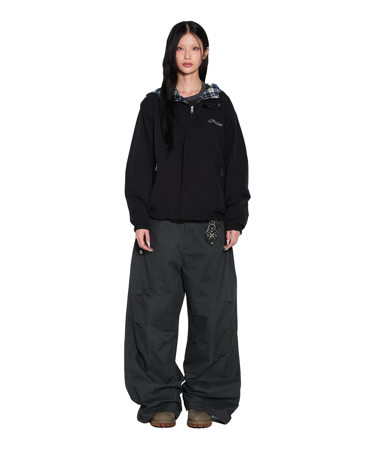 아캄(AAKAM) Reversible Check Hooded Jacket (Black)