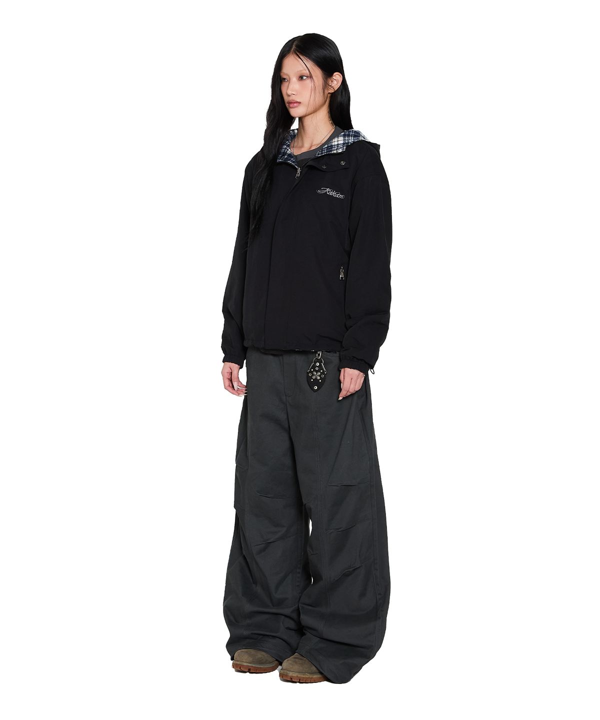 아캄(AAKAM) Reversible Check Hooded Jacket (Black)