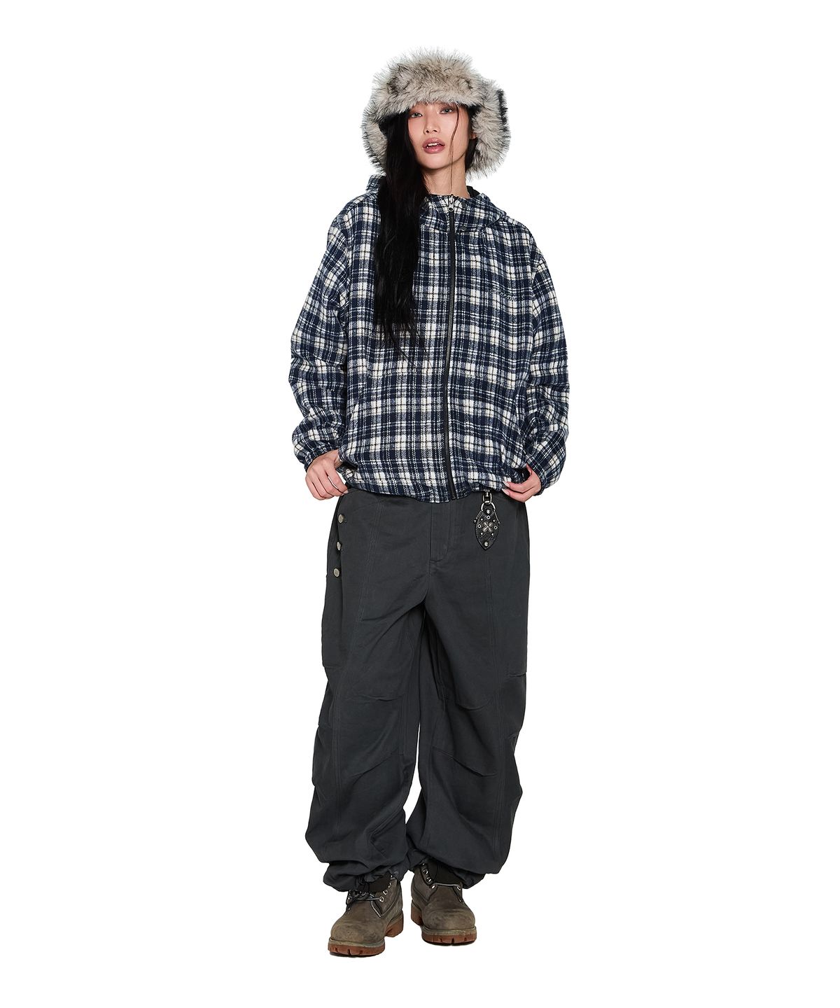 아캄(AAKAM) Reversible Check Hooded Jacket (Black)