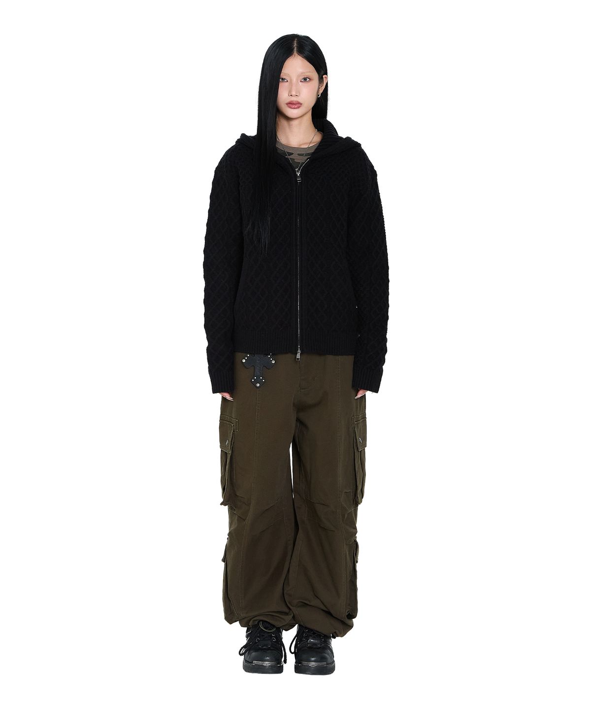 아캄(AAKAM) Cable Knitted Zip-Up Hoodie (Black)