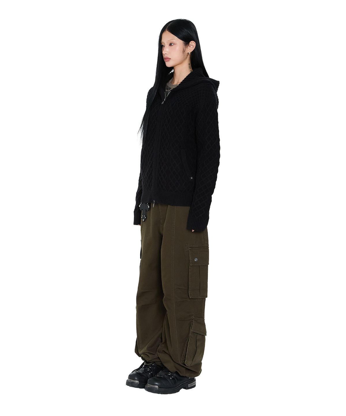 아캄(AAKAM) Cable Knitted Zip-Up Hoodie (Black)