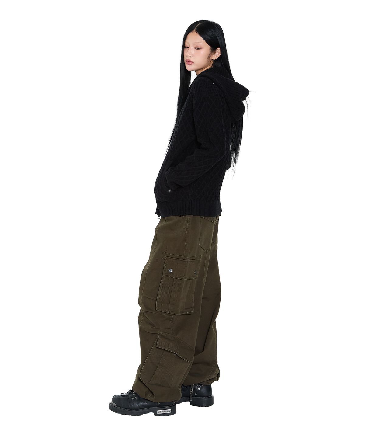 아캄(AAKAM) Cable Knitted Zip-Up Hoodie (Black)
