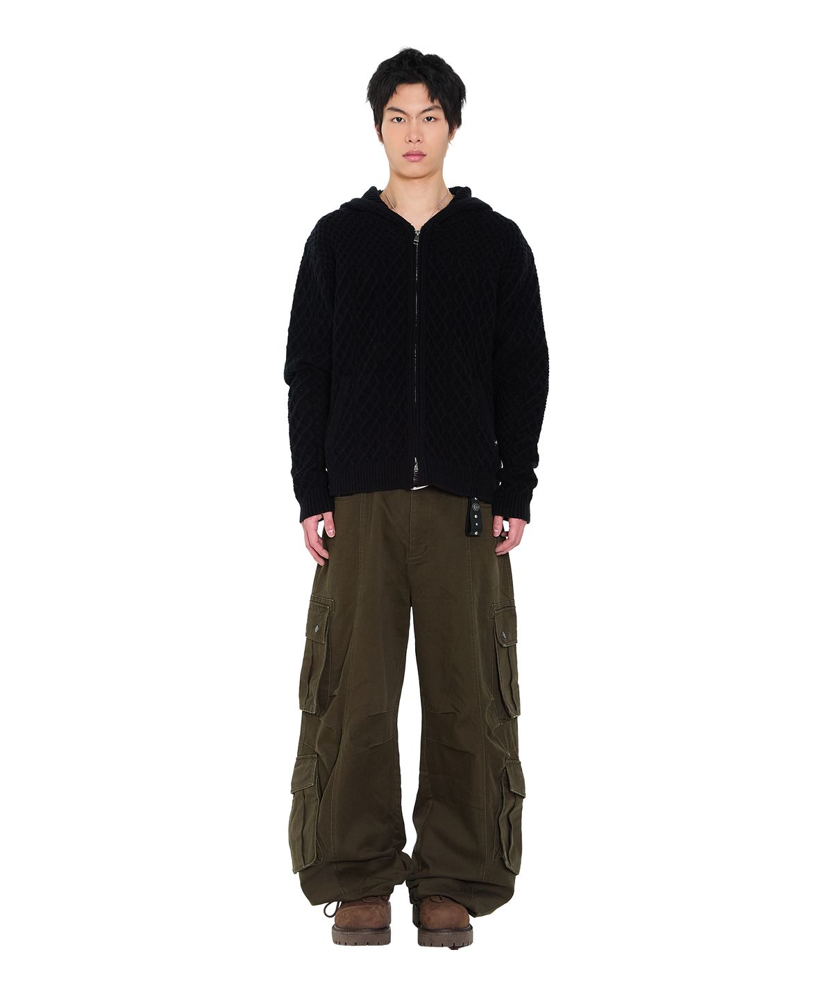 아캄(AAKAM) Cable Knitted Zip-Up Hoodie (Black)