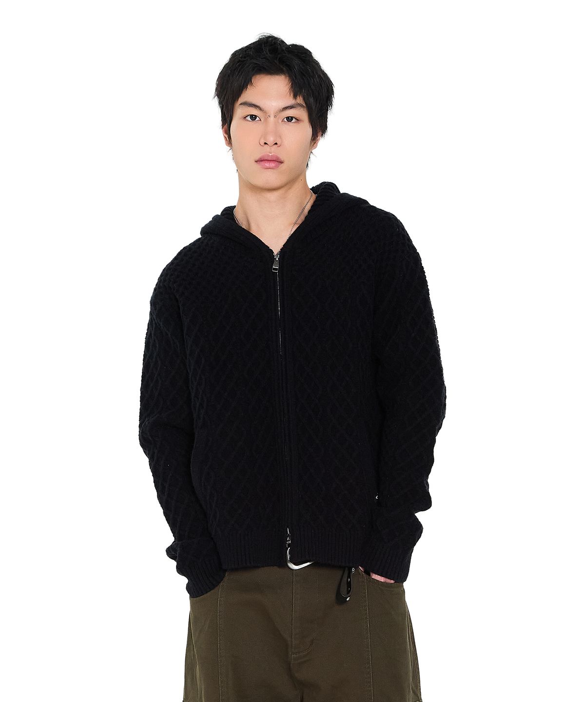 아캄(AAKAM) Cable Knitted Zip-Up Hoodie (Black)