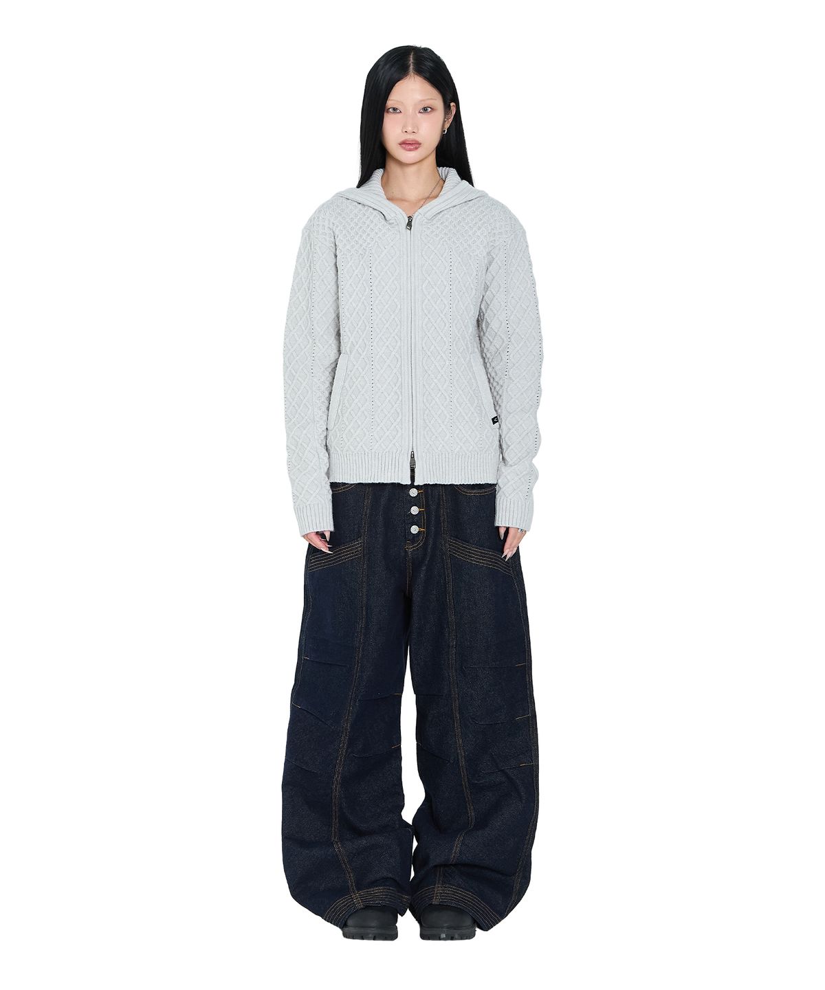 아캄(AAKAM) Cable Knitted Zip-Up Hoodie (Gray)