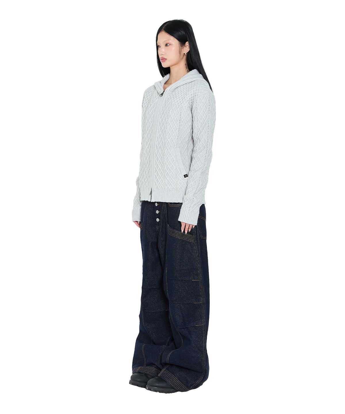 아캄(AAKAM) Cable Knitted Zip-Up Hoodie (Gray)