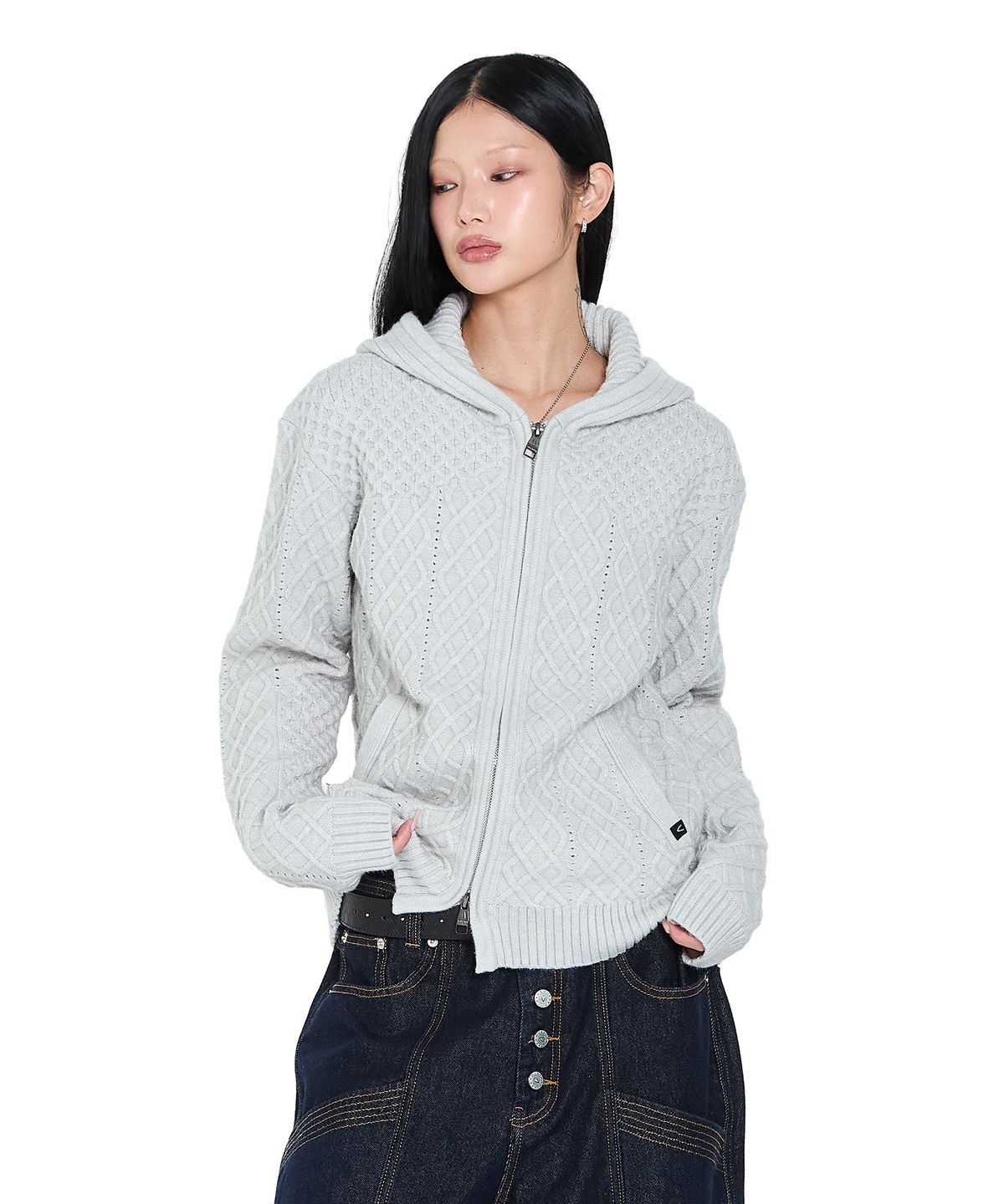 아캄(AAKAM) Cable Knitted Zip-Up Hoodie (Gray)