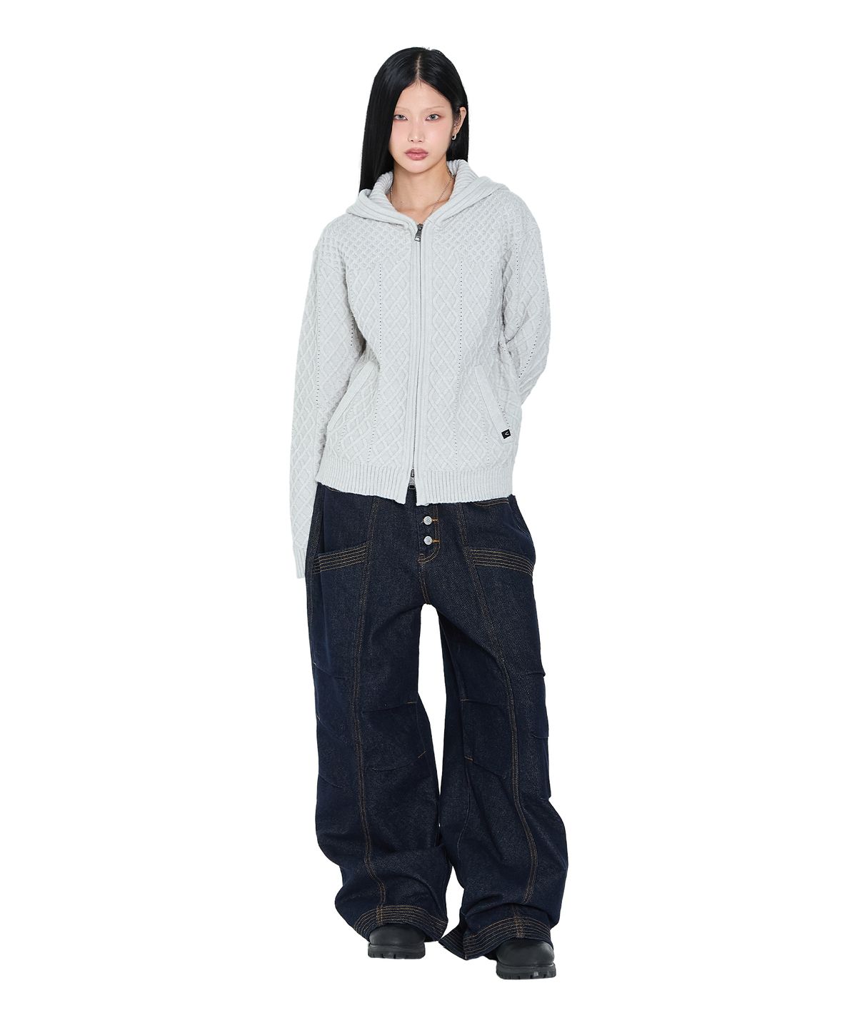 아캄(AAKAM) Cable Knitted Zip-Up Hoodie (Gray)