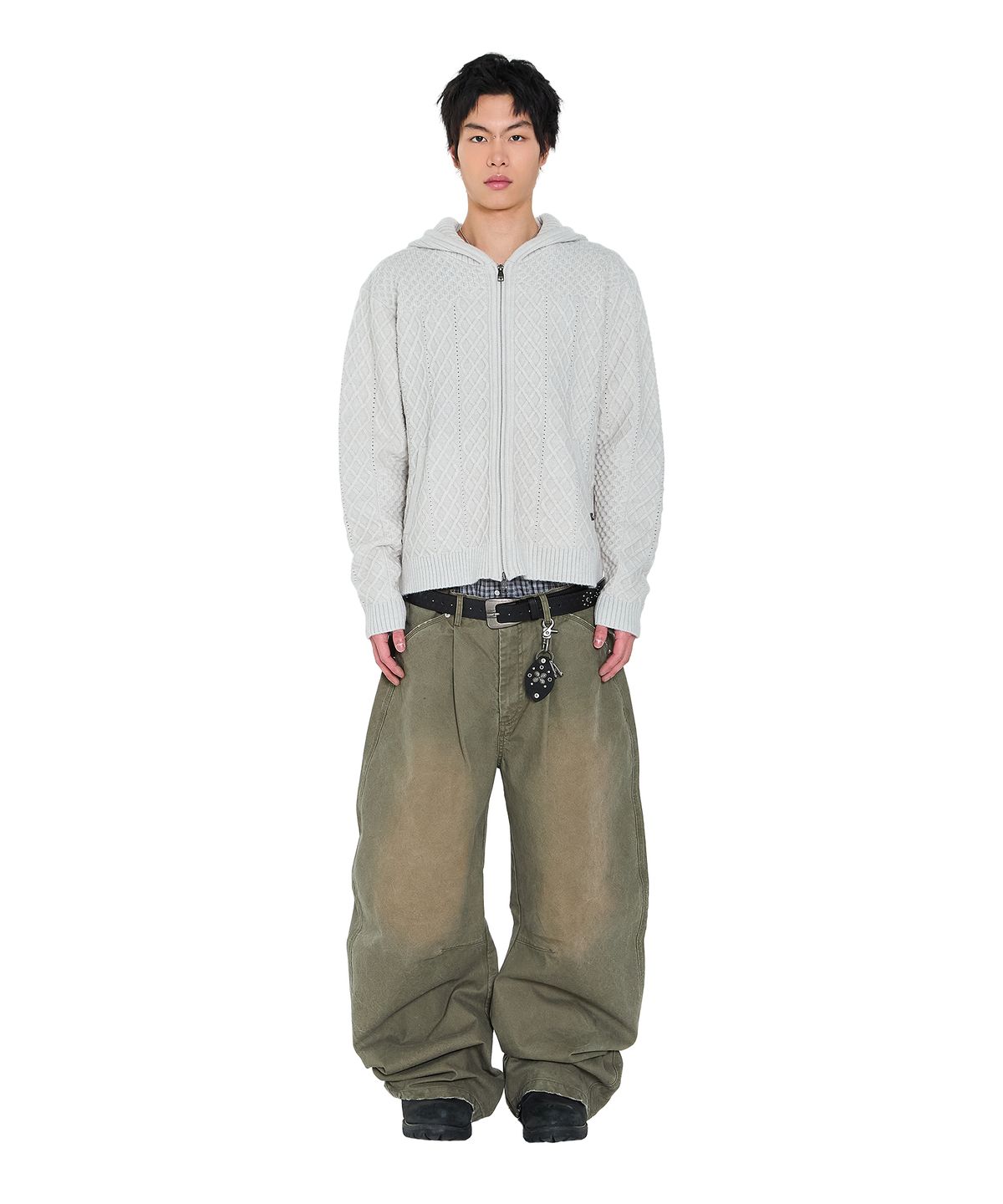 아캄(AAKAM) Cable Knitted Zip-Up Hoodie (Gray)