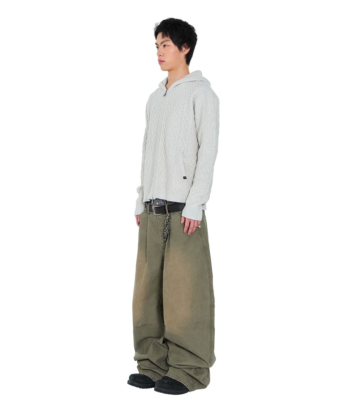 아캄(AAKAM) Cable Knitted Zip-Up Hoodie (Gray)