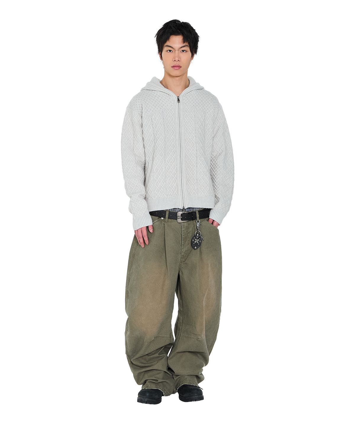 아캄(AAKAM) Cable Knitted Zip-Up Hoodie (Gray)
