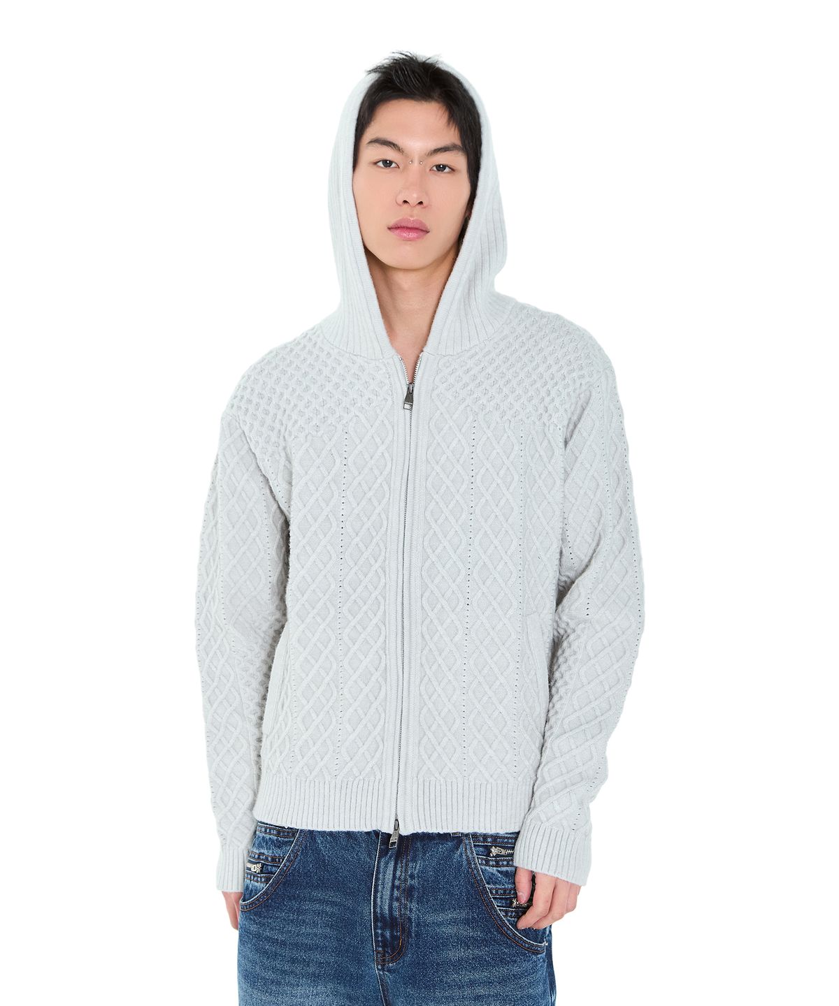 아캄(AAKAM) Cable Knitted Zip-Up Hoodie (Gray)