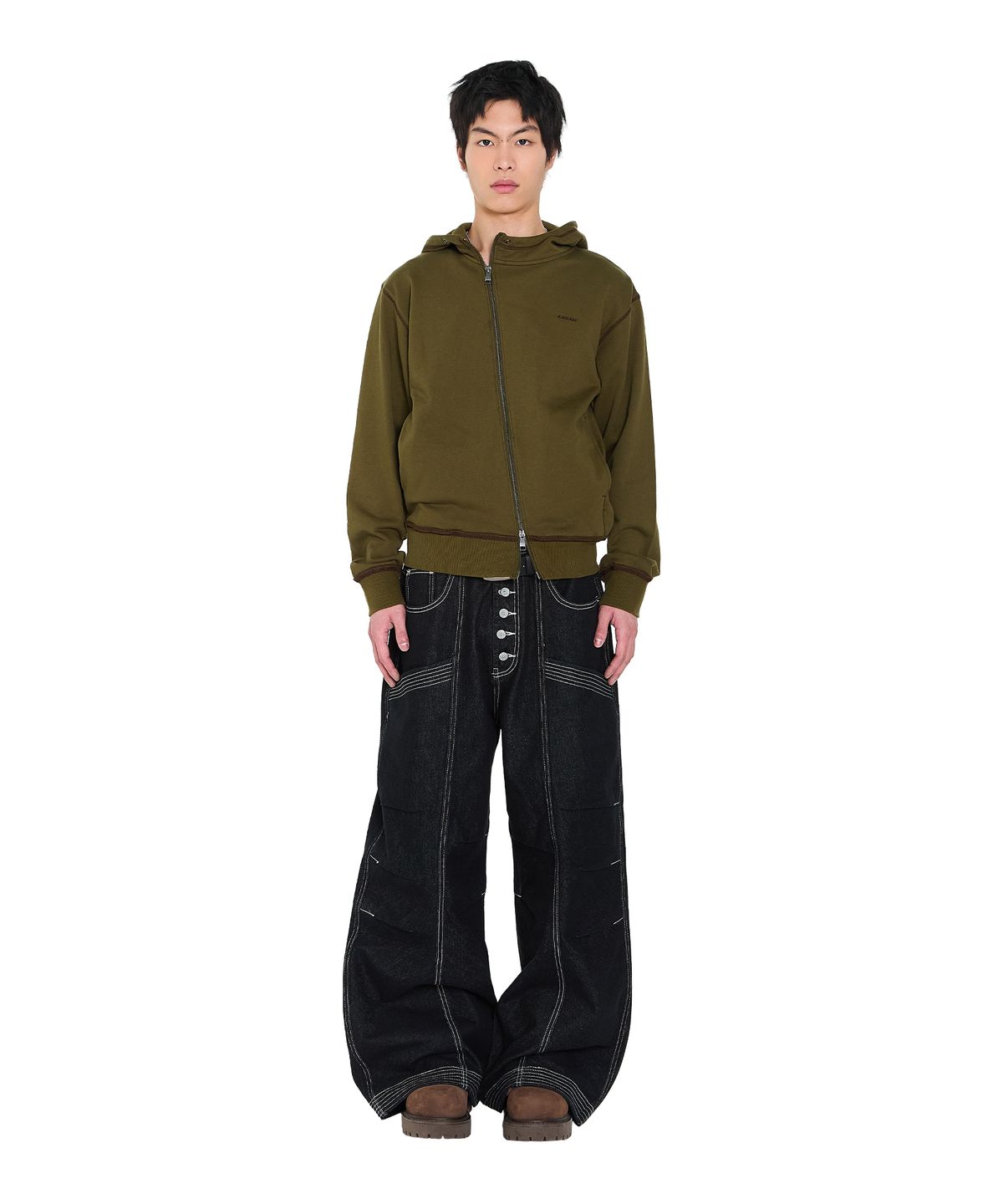 아캄(AAKAM) Oblique Zippered Cotton Zip-Up (Khaki)