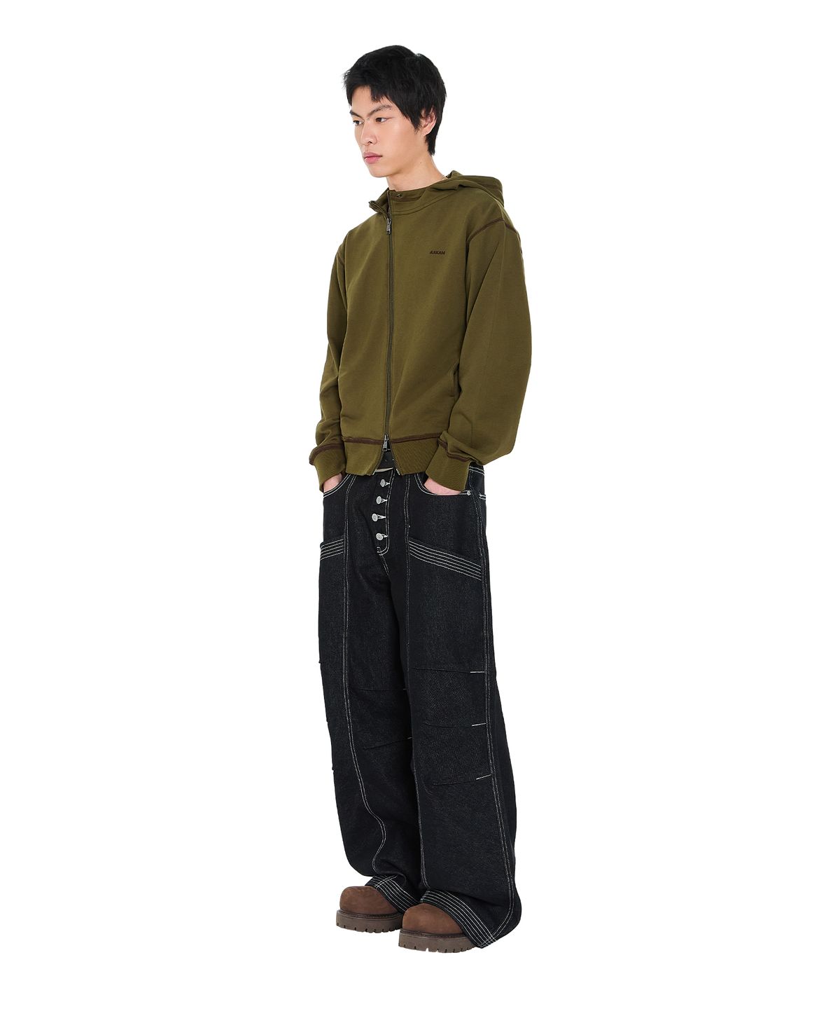 아캄(AAKAM) Oblique Zippered Cotton Zip-Up (Khaki)