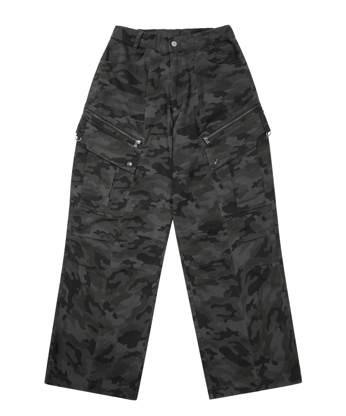아캄(AAKAM) Knee Pin-Tuck Camo Zippered Cargo Pants (Black)