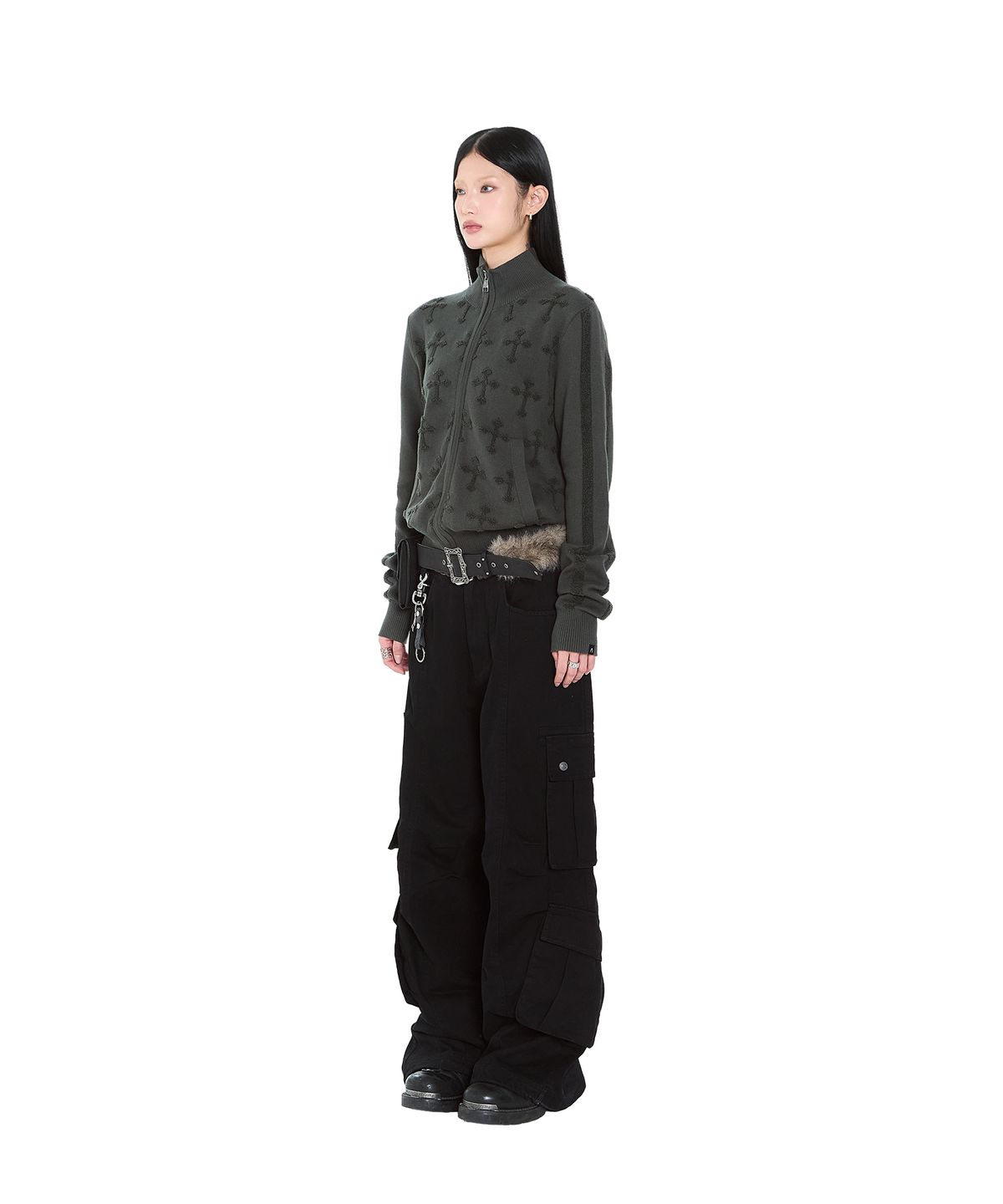 아캄(AAKAM) Cross Boucle Knit Zip-Up (Khaki)