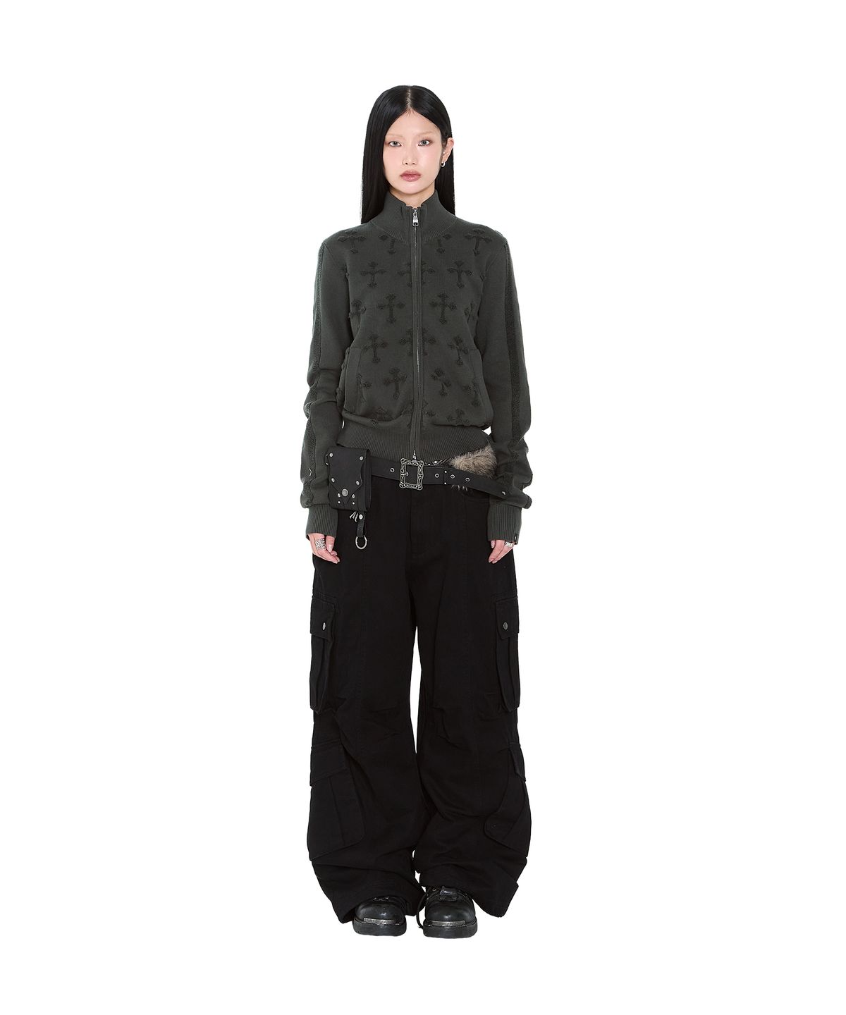 아캄(AAKAM) Cross Boucle Knit Zip-Up (Khaki)