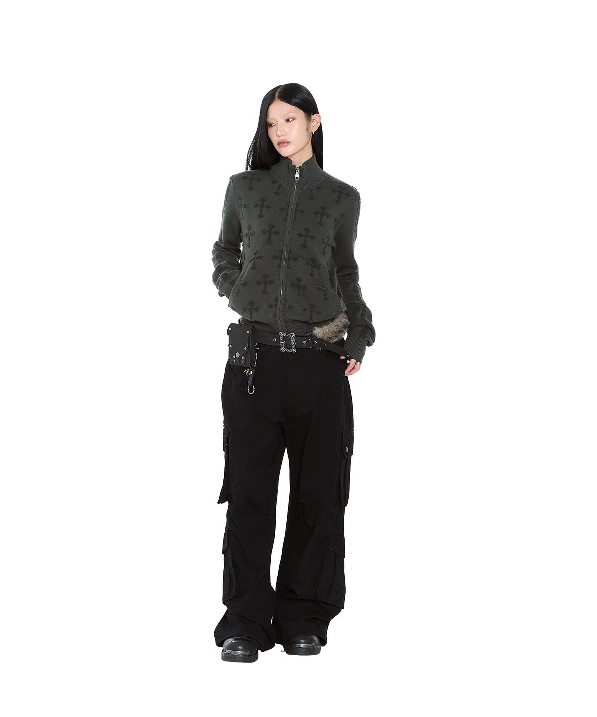 아캄(AAKAM) Cross Boucle Knit Zip-Up (Khaki)