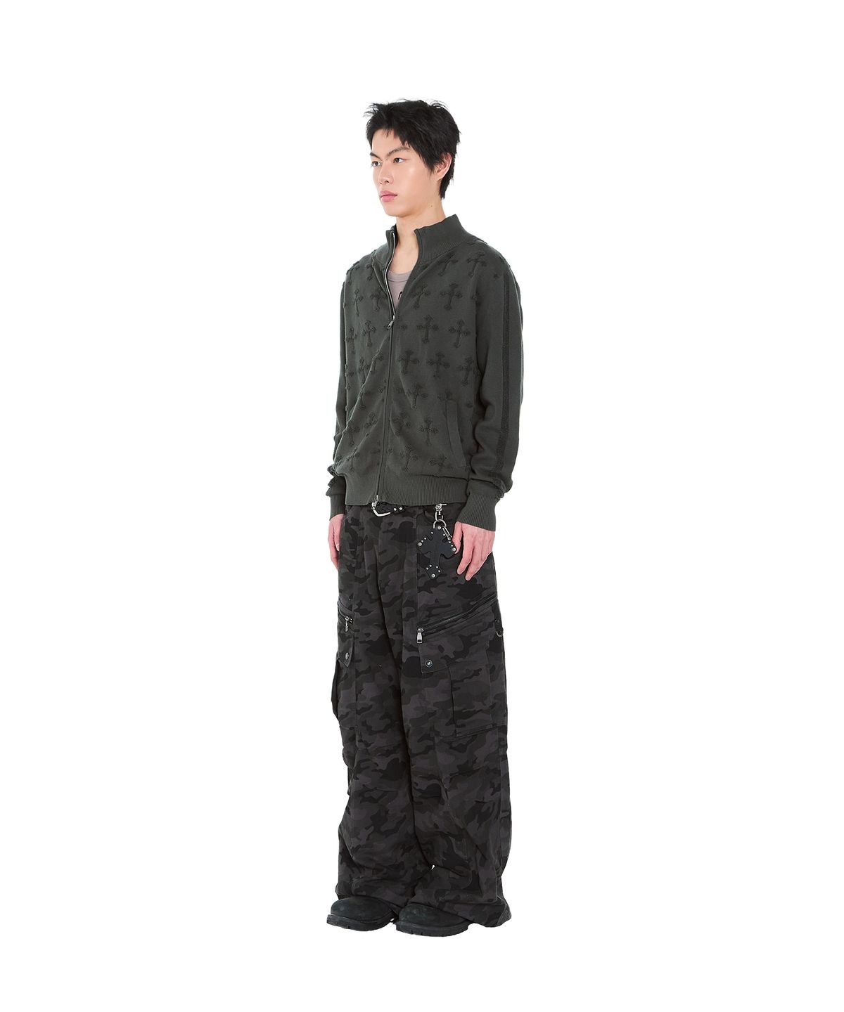 아캄(AAKAM) Cross Boucle Knit Zip-Up (Khaki)