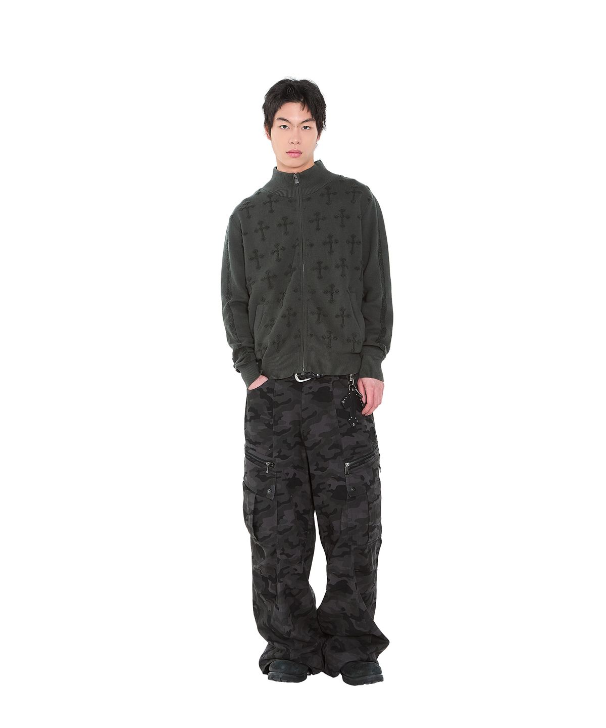 아캄(AAKAM) Cross Boucle Knit Zip-Up (Khaki)