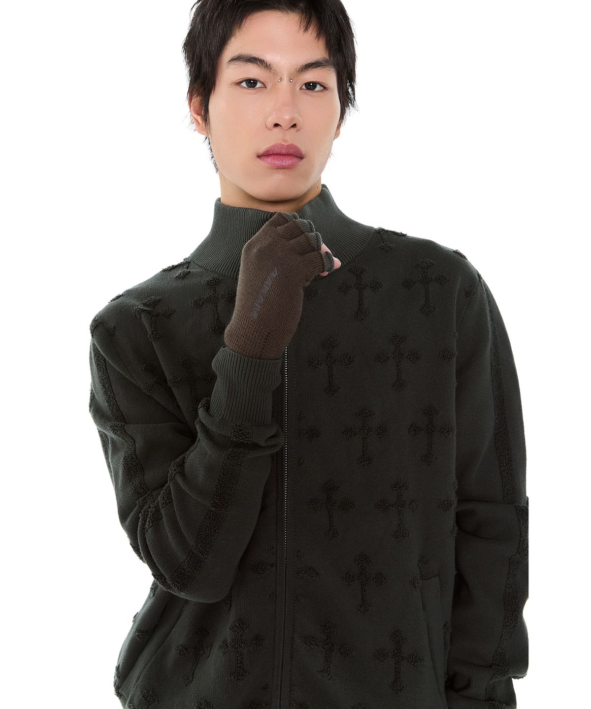 아캄(AAKAM) Cross Boucle Knit Zip-Up (Khaki)