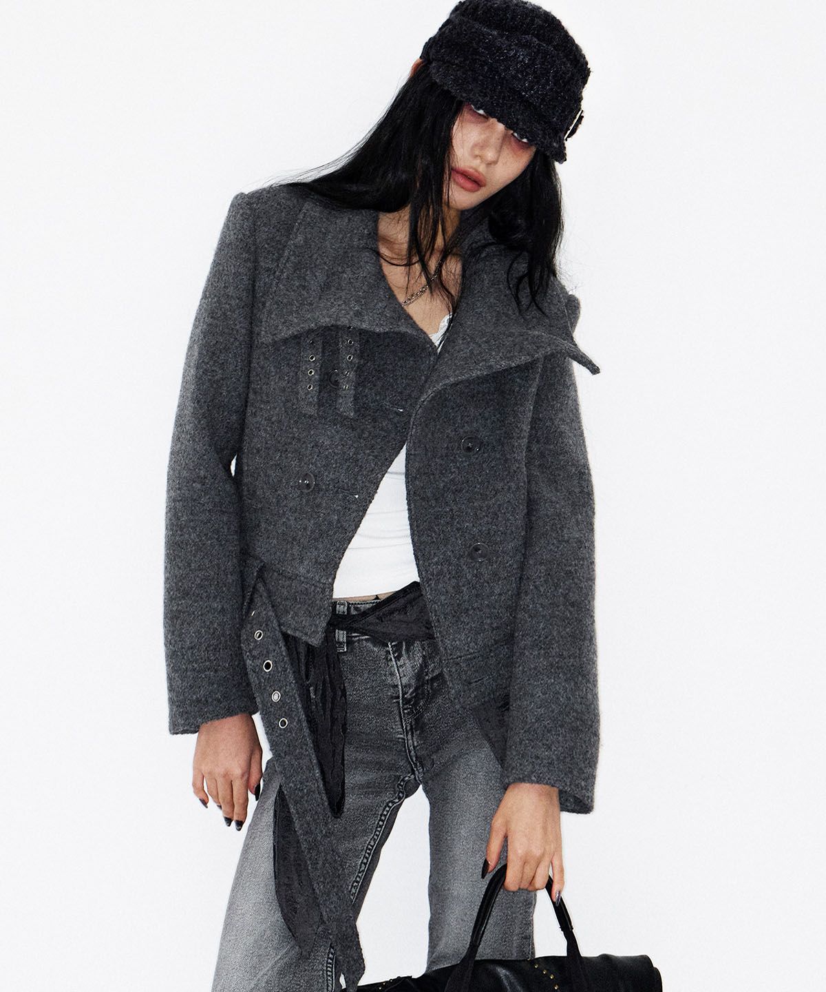 낫노잉(NOTKNOWING) Double Belted High-Neck Coat (GREY)