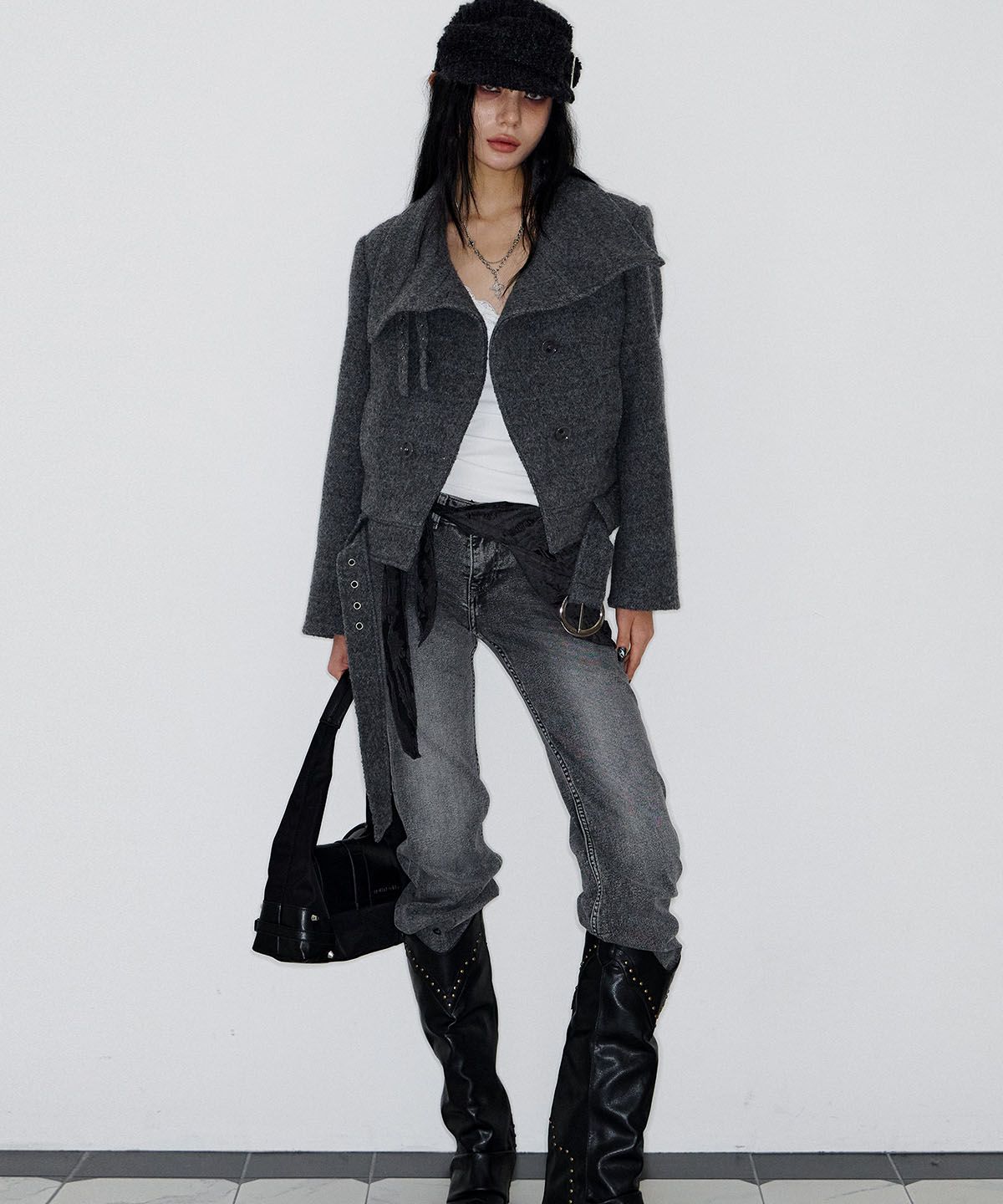 낫노잉(NOTKNOWING) Double Belted High-Neck Coat (GREY)