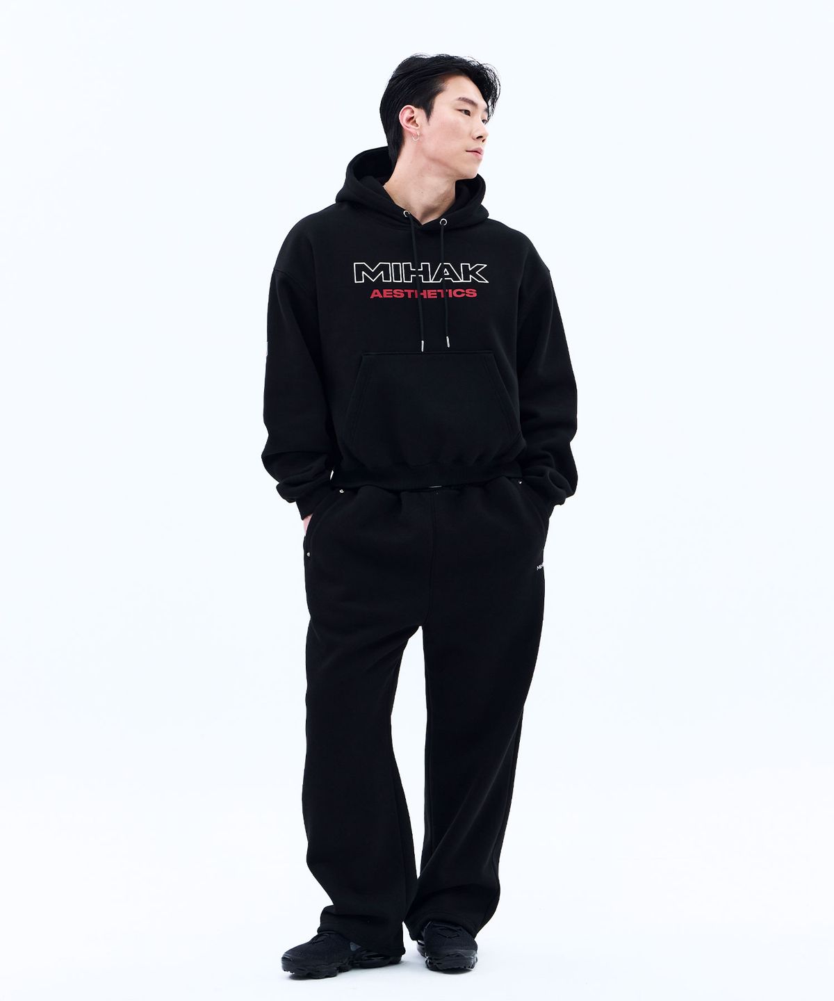 미학(MIHAK) 스트록 로고 기모 오버핏 후디 (BLACK)
